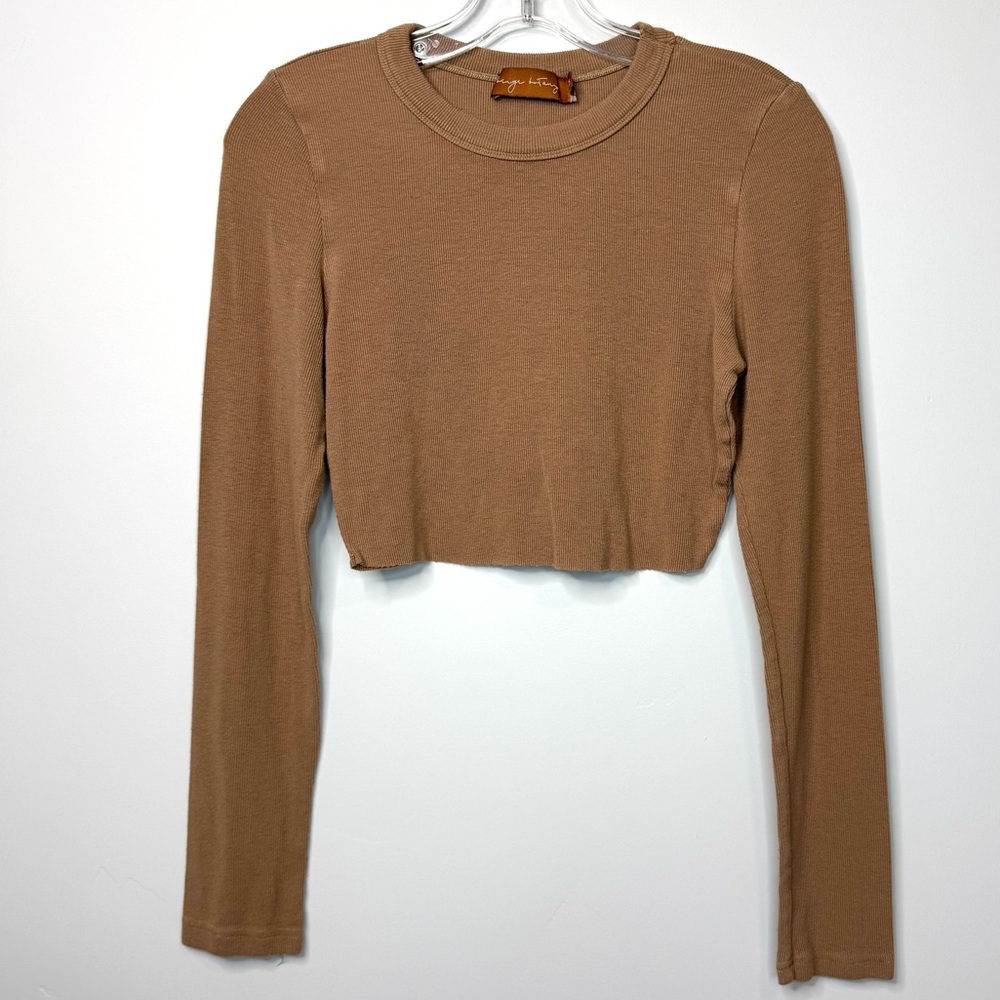 Beige Botany Ribbed Knit Crop Top Women’s Size Medium Brown Long Sleeve Stretch